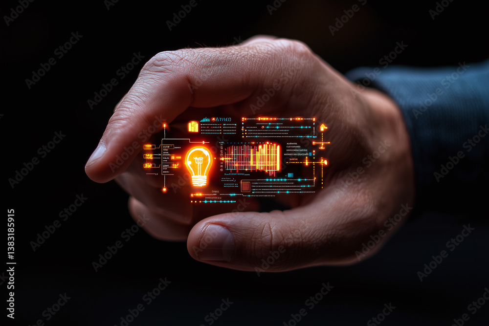 Innovative technology concept with hand holding glowing light bulb and data visualization elements, symbolizing creativity and business strategy