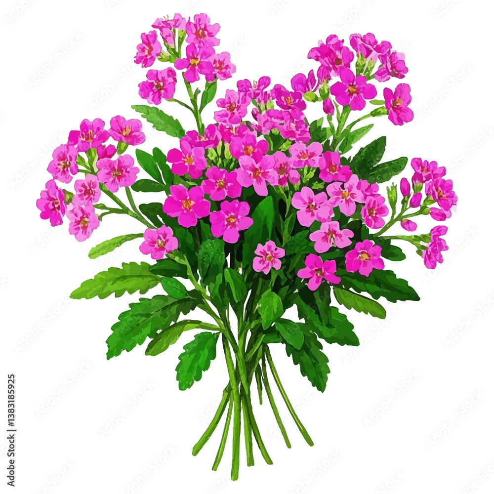 Fototapeta premium A beautiful bouquet of pink and purple flowers with green leaves, isolated on a white background, showcases the floral beauty of spring blossoms
