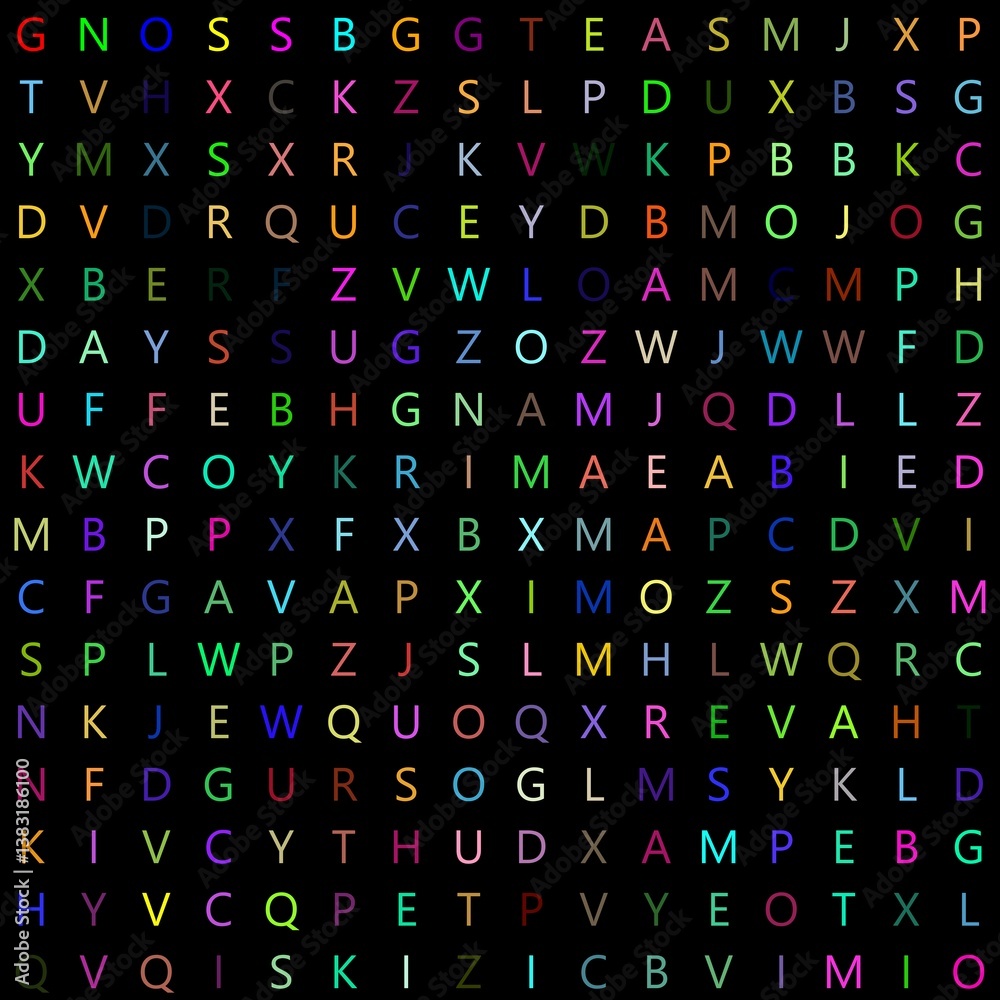 256 uppercase letters arranged in random order with colors on black ideal as school background on a matrix of 16x16 squares