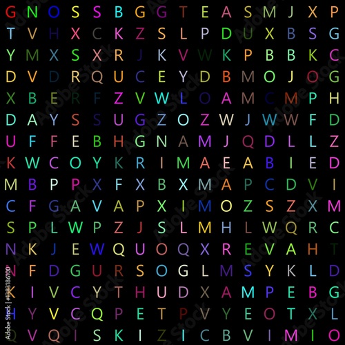 256 uppercase letters arranged in random order with colors on black ideal as school background on a matrix of 16x16 squares
