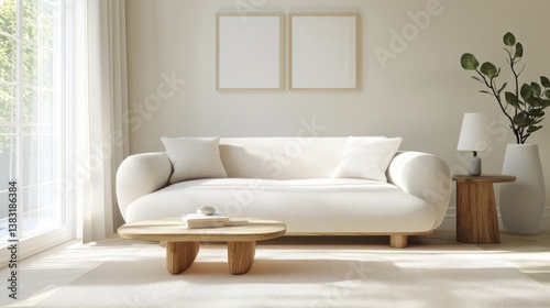 Full interior shot, Deco form sofa, clean tones, open window light, soft symmetry