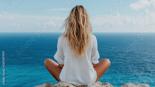 A woman with flowing hair sits peacefully at the ocean's edge, embracing the serene beauty of nature while enjoying the gentle breeze and calming waves that surround her.