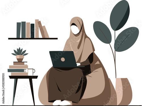 Muslim Woman Working from Home in Cozy Beanbag Chair