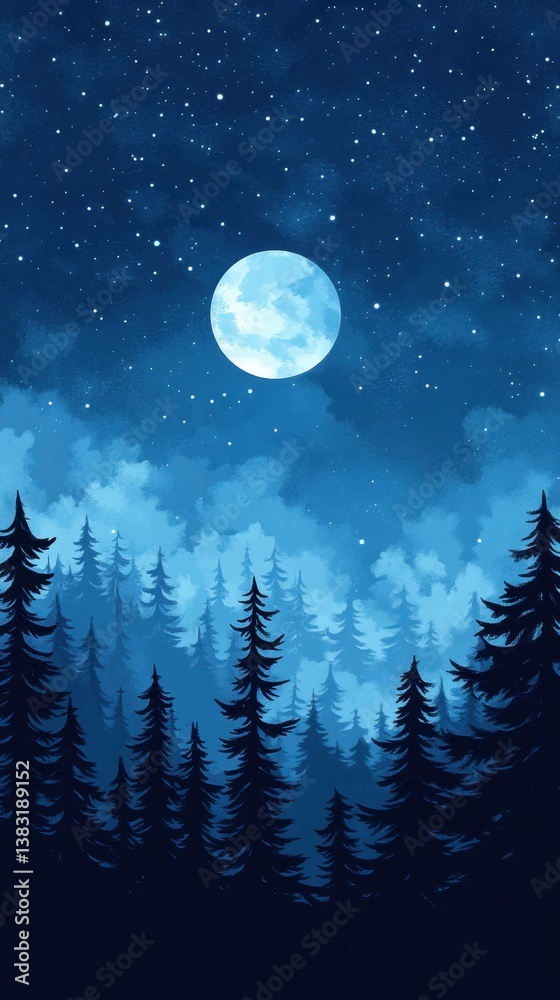 Serene night landscape with a full moon illuminating a dense forest of pine trees under a starry sky creating a peaceful and tranquil atmosphere Serene night landscape with a full moon illuminating a dense forest of pine trees under a starry sky creating a peaceful and tranquil atmosphere