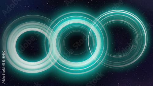 Three interconnected glowing teal circles against a gradient dark blue starry backdrop