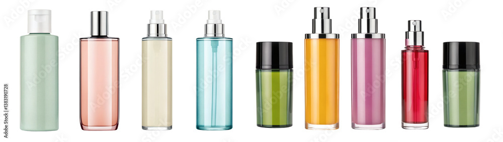 set of cosmetic bottles different colors, isolated cutout set of cosmetic bottles different colors, isolated cutout