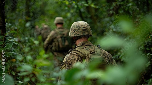 Preparing for a jungle battle : soldiers in camouflage moving through the thickets. 