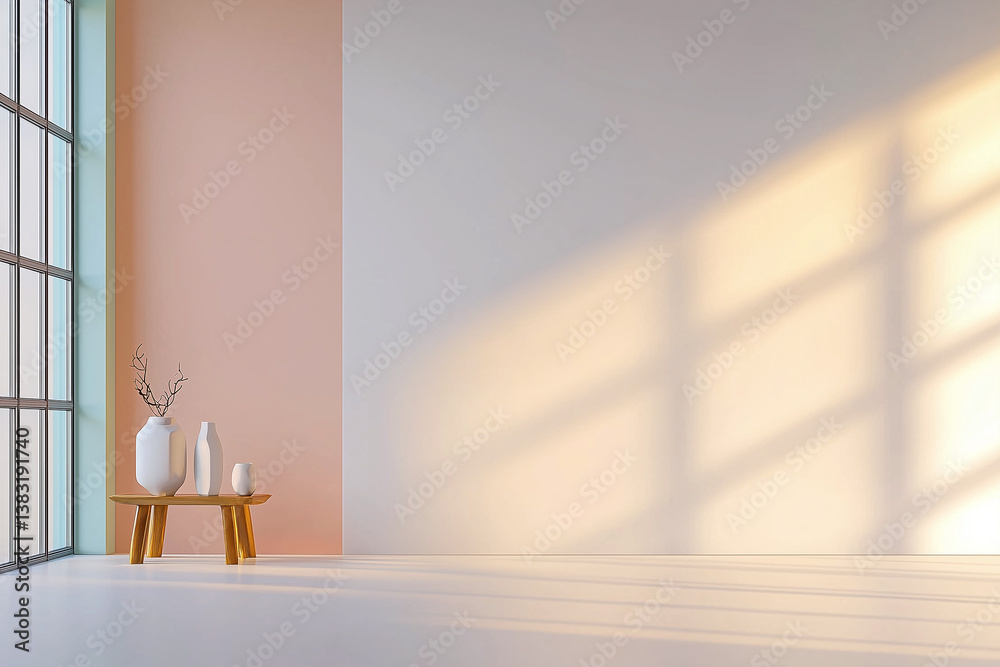 modern interior featuring minimalist design with pastel colored walls, wooden table, and white vases. soft light creates serene atmosphere, perfect for relaxation