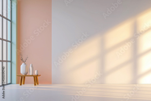 Obraz na płótnie modern interior featuring minimalist design with pastel colored walls, wooden table, and white vases. soft light creates serene atmosphere, perfect for relaxation w salonie