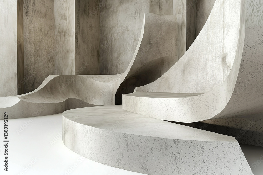 Modern 3D stage backdrop featuring curved elevated surfaces in minimalist design. smooth textures and neutral tones create serene atmosphere, perfect for artistic presentations