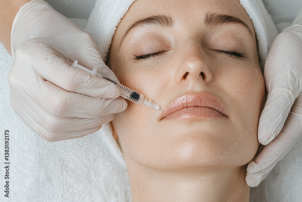 Revitalizing skincare treatment with patient receiving collagen injection, showcasing modern beauty techniques and professional care in serene environment