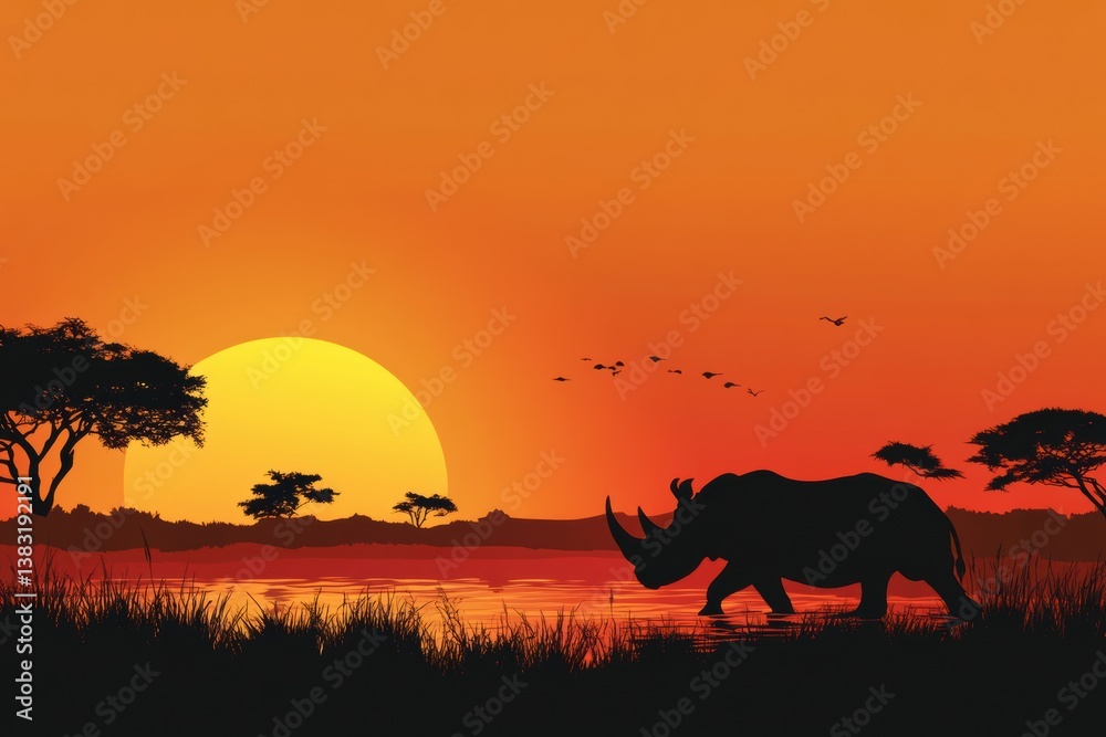 Obraz premium A silhouette of a lone rhino walking against the backdrop of an orange-hued sunset.