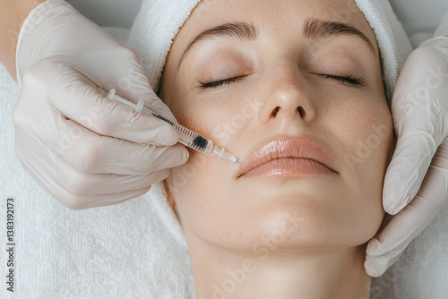 Obraz na płótnie Revitalizing skincare treatment with patient receiving collagen injection, showcasing modern beauty techniques and professional care in serene environment w salonie
