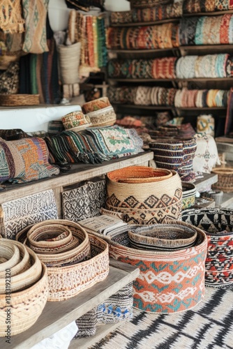 Woven baskets and fabrics displayed in an artisan market