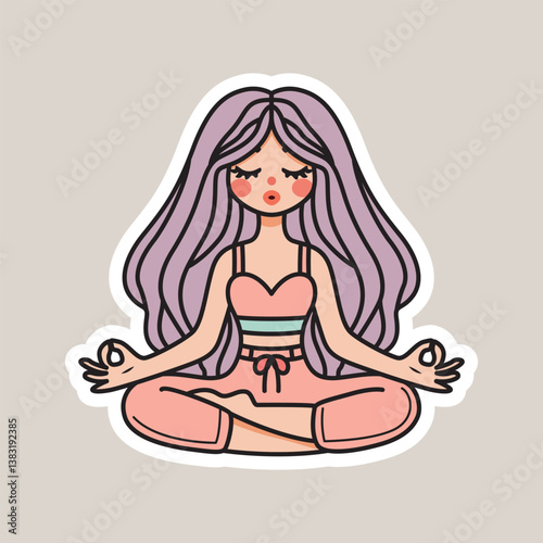 Cute illustration of a girl meditating in a yoga pose with long hair and relaxed expression. Perfect for wellness, mindfulness, and lifestyle-themed designs.