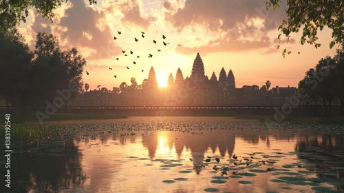 Sunrise over Angkor Wat with the temple reflecting in a serene lotus pond