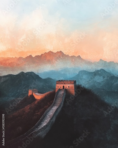 Sunrise shot of the Great Wall with soft pastel skies