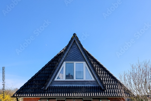 Triangular dormer window with black roof tiles and blue sky