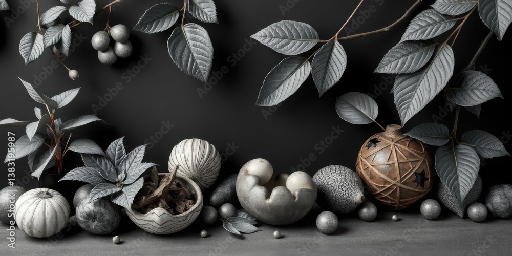 Obraz premium Monochrome Still Life Elegant Grey Pottery Plants Orbs