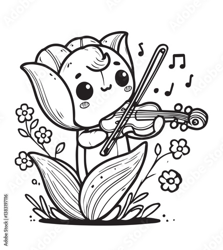 Coloring book tulip flower character playing a violin, surrounded by small flowers and floating music notes