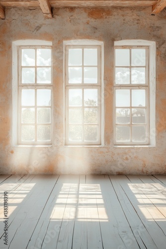 Interior of an old room with three windows casting sunlight onto a white wooden floor creating a bright and airy vintage atmosphere