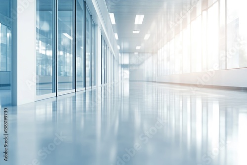 Blurred, empty modern office interior with glass windows and white walls in the background, no people.