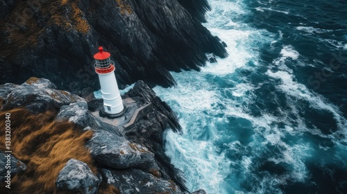 A coastal landscape featuring a lighthouse on a rocky cliff side