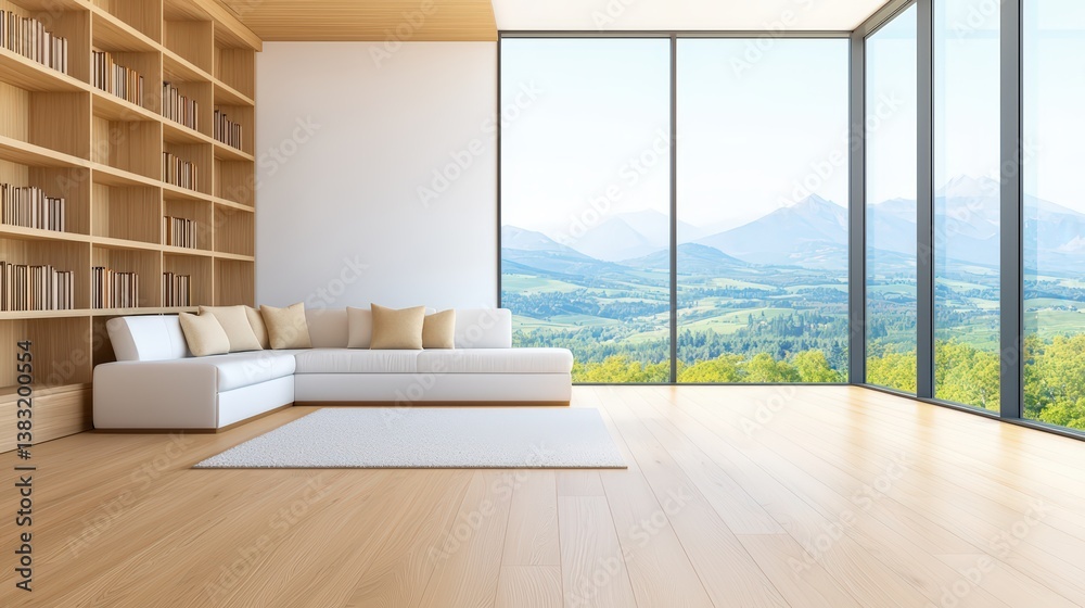 Fototapeta premium Serene Modern Library Interior Bathed in Warm Golden Light with Panoramic Views of Nature and Open Space for Relaxation and Reflection