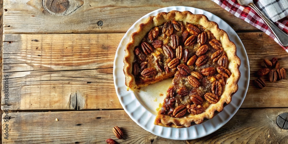 A slice of pecan pie, ready for a delicious autumn dessert, sits on a white plate on a rustic wooden table. A slice of pecan pie, ready for a delicious autumn dessert, sits on a white plate on a rustic wooden table.