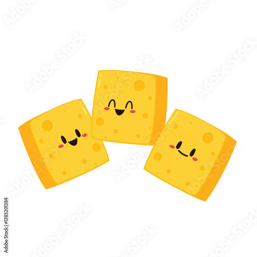 Cute happy cheese character. Funny food emoticon in flat style. Dairy emoji vector illustration.