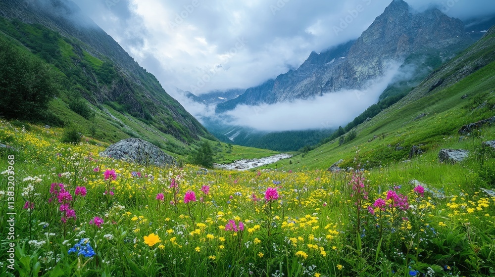 Fototapeta premium Serene Valley Landscape with Colorful Wildflowers and Majestic Mountains under Cloudy Sky