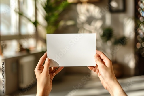 A woman's hands are holding an empty paper card. Modern interior with green plants on the background. Postcard mockup template.