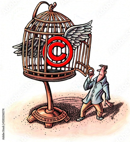 man lets winged copyright symbol out of birdcage