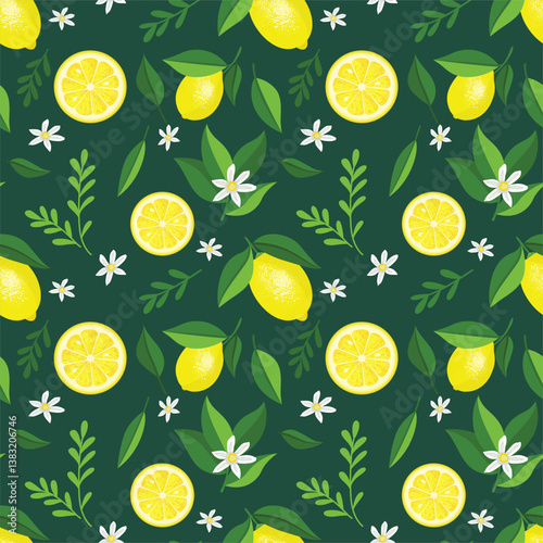 Seamless background pattern of fresh yellow lemons with flowers and leaves