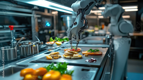 Automated kitchen setup with robotic arms preparing meals, showcasing AI-driven culinary innovation, futuristic home technology,smart cooking solutions for efficiency convenience.copy space,banner