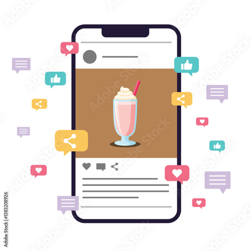 social media with lots of likes, hearts, shares, and comments. milkshake photos on social media that many people like. use of social media. posts with lots of likes