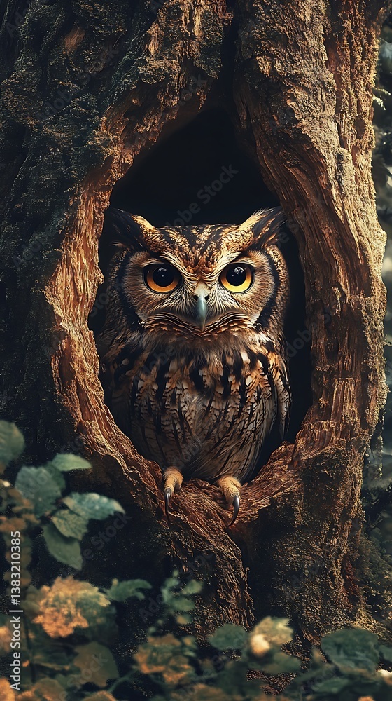 Majestic Owl in its Tree Hollow Home Majestic Owl in its Tree Hollow Home