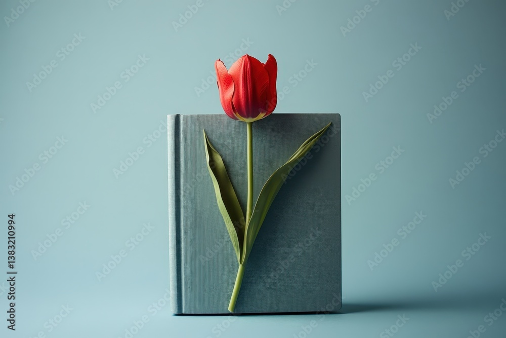 Fototapeta premium A Red Tulip Rests Upon An Open Gray Book With Leaves