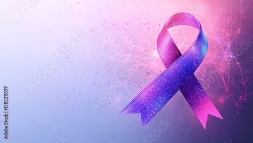 Digital purple ribbon for cancer awareness on a light background with abstract glowing elements and geometric shapes,
