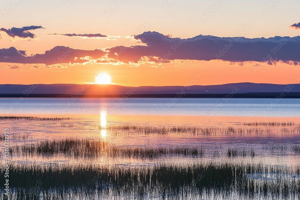 Obraz premium Sunset over a tranquil lake
