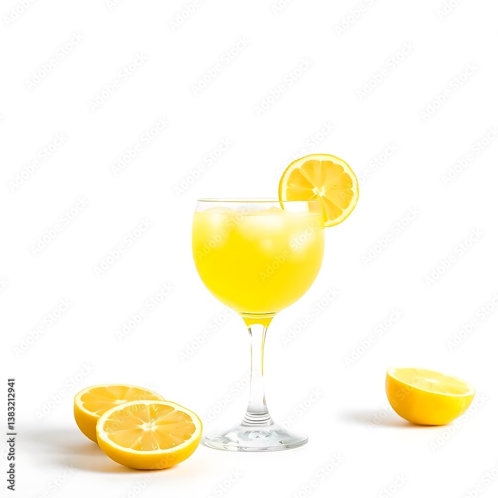 Fototapeta premium Iced Lemonade in Glass with Lemon Slice and Citrus Halves on White Surface