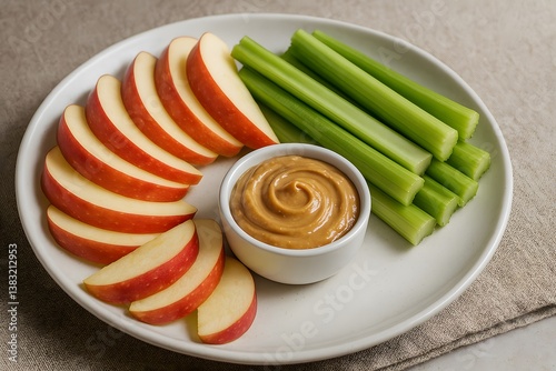 Healthy snack of apple slices and celery with peanut butter dip.
