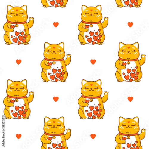 Seamless pattern with cute сartoon maneki neko on white  - funny asian background for Your kawaii design