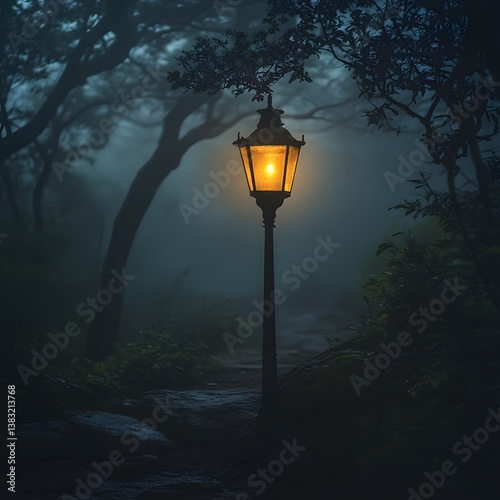 Misty forest path lit by lantern photo