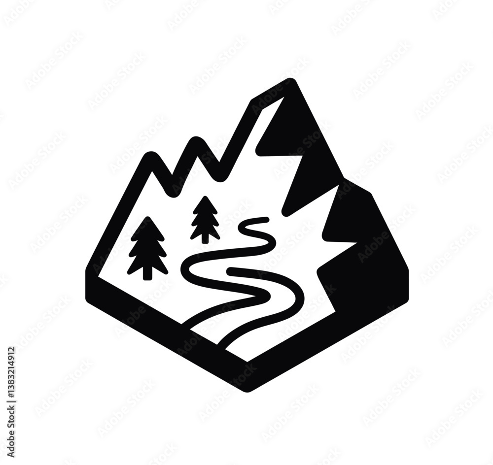 Vally in mountains or winding path through mountains icon vector in black color with white background Vally in mountains or winding path through mountains icon vector in black color with white background