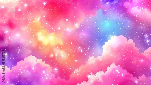 A colorful whimsical depiction of a cloudy galaxy and stars