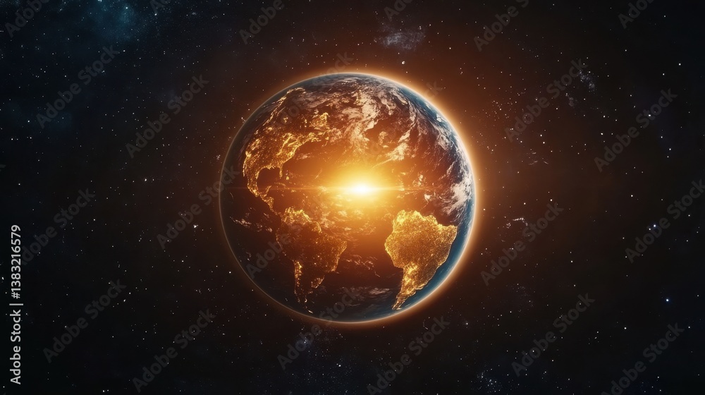 Obraz premium Earth globe illuminated by city lights in the darkness of space a cosmic view of continents with a bright sunrise and starry background