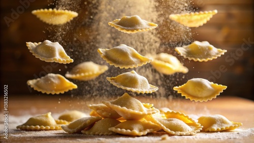A delightful arrangement of freshly made pasta, delicately dusted with flour, frozen in mid-air as they gracefully descend towards a pile of their brethren, promising a flavorful culinary experience.