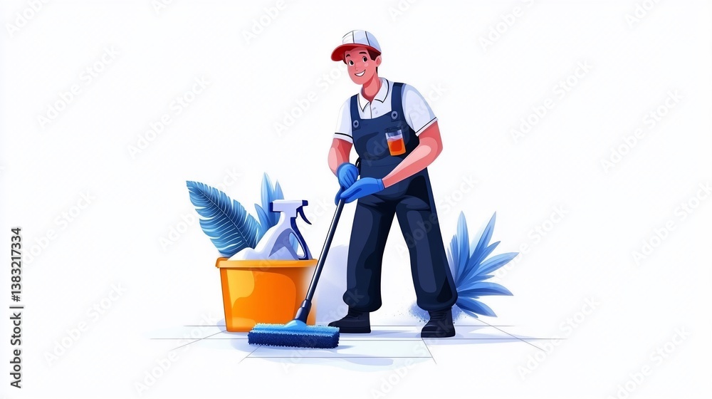Illustration of a cheerful cleaner mopping a tile floor with cleaning items Illustration of a cheerful cleaner mopping a tile floor with cleaning items