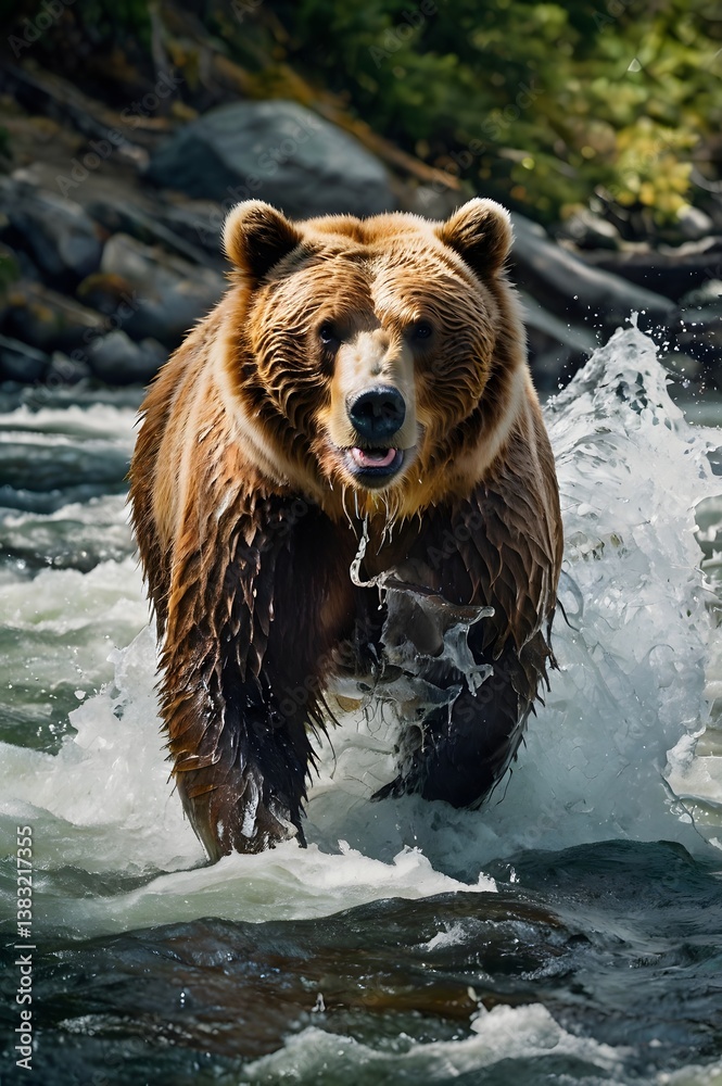 Majestic Grizzly Bear Catching Salmon in Wild River Majestic Grizzly Bear Catching Salmon in Wild River